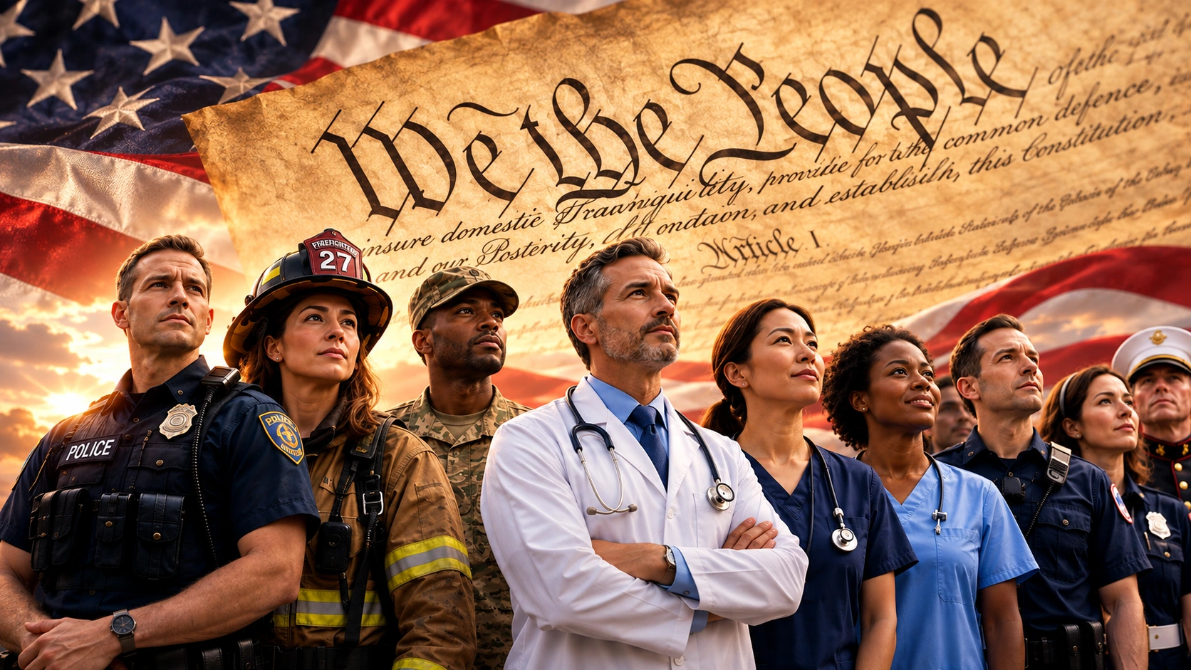 Patriotic illustration of police, firefighters, medical professionals and military service members beneath We the People