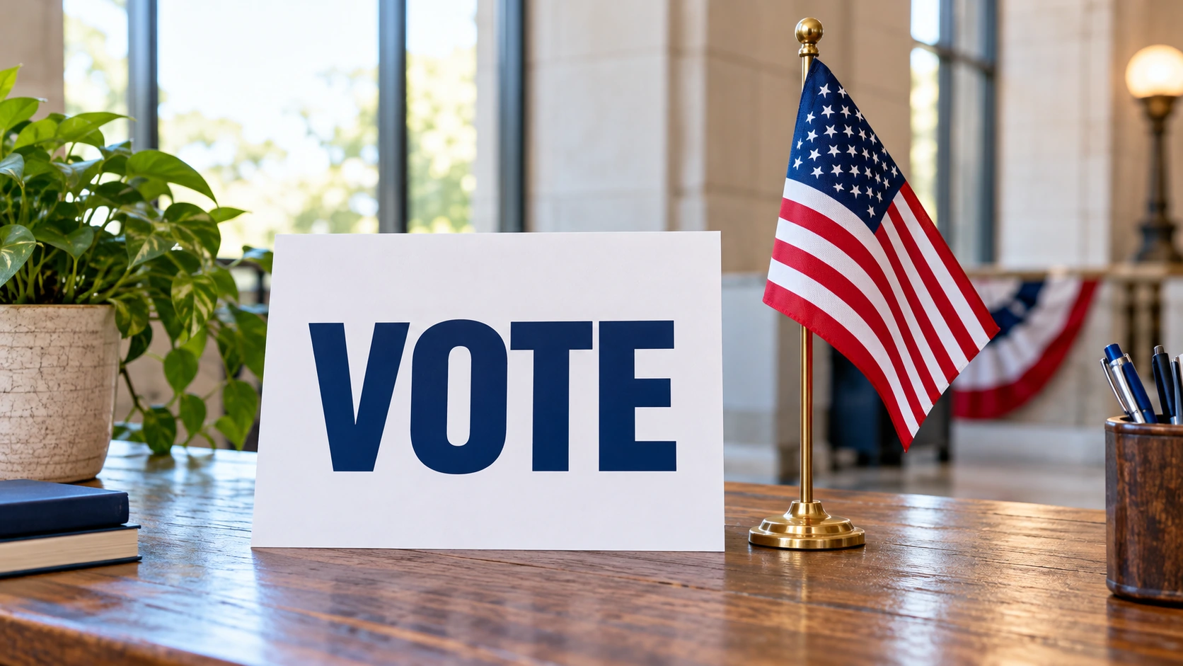 Voter participation sign beside an American flag